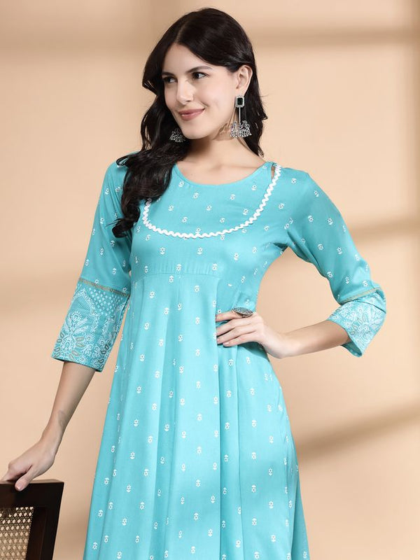 Largish Rayon Pigment print Sky blue Anarkali full maxi Dress