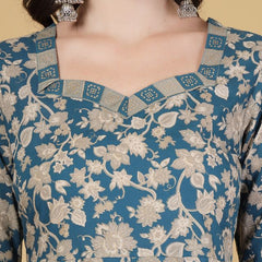 Largish Elegant Turquoise Floral Anarkali Midi Dress