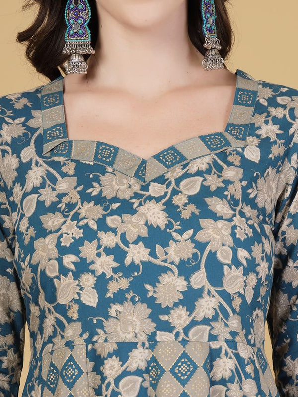 Largish Elegant Turquoise Floral Anarkali Midi Dress