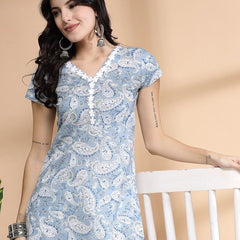 Largish Women's Blue Paisley Print Cotton Straight Kurta