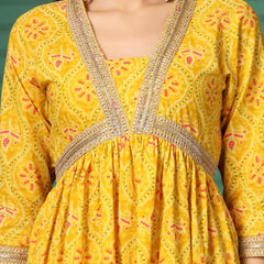 Largish Women's Yellow Floral Print Cotton Naira Cut Kurta