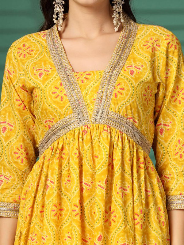 Largish Women's Yellow Floral Print Cotton Naira Cut Kurta