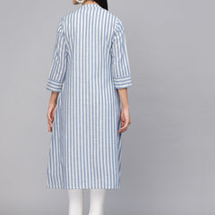 Largish Cotton White Blue Self Design Calf Length, A-Line Shrug