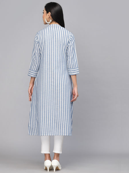 Largish Cotton White Blue Self Design Calf Length, A-Line Shrug