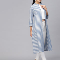 Largish Cotton White Blue Self Design Calf Length, A-Line Shrug