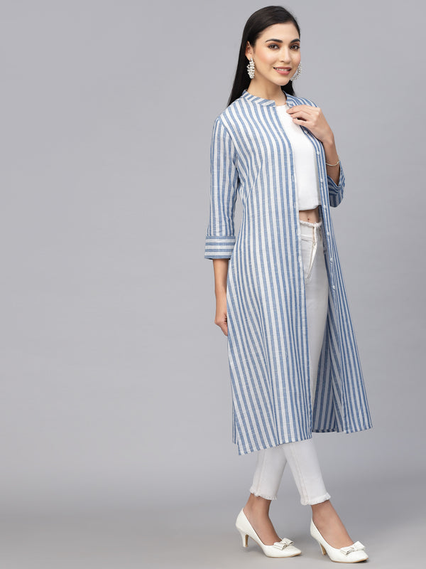 Largish Cotton White Blue Self Design Calf Length, A-Line Shrug