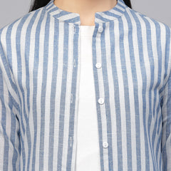 Largish Cotton White Blue Self Design Calf Length, A-Line Shrug