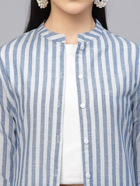 Largish Cotton White Blue Self Design Calf Length, A-Line Shrug