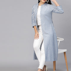Largish Cotton White Blue Self Design Calf Length, A-Line Shrug