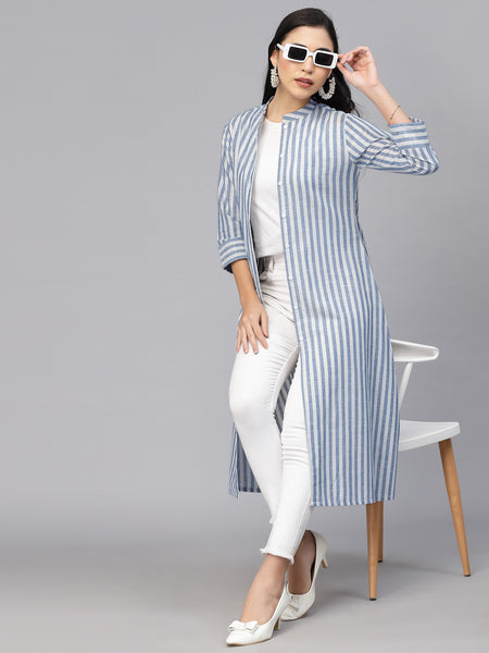 Largish Cotton White Blue Self Design Calf Length, A-Line Shrug