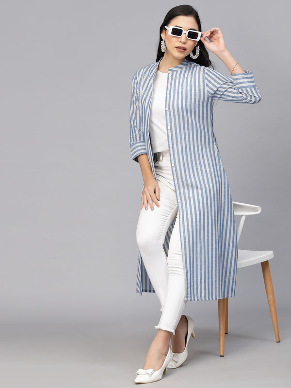 Largish Cotton White Blue Self Design Calf Length, A-Line Shrug