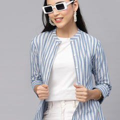 Largish Cotton White Blue Self Design Calf Length, A-Line Shrug