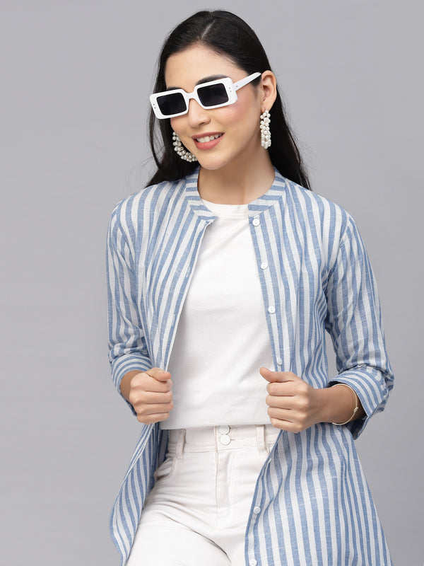 Largish Cotton White Blue Self Design Calf Length, A-Line Shrug