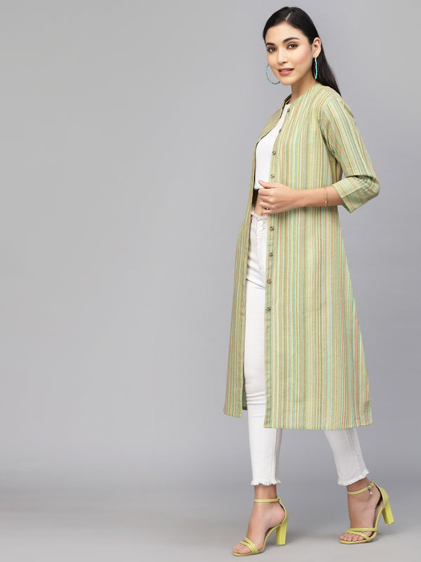 Largish Cotton Green Self Design Calf Length, A-Line Shrug