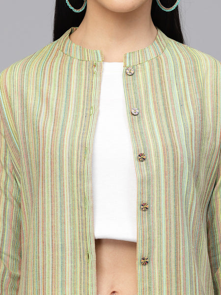 Largish Cotton Green Self Design Calf Length, A-Line Shrug