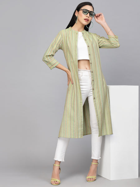 Largish Cotton Green Self Design Calf Length, A-Line Shrug