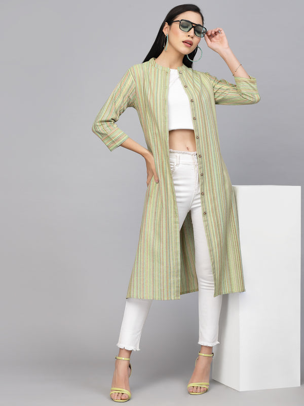 Largish Cotton Green Self Design Calf Length, A-Line Shrug