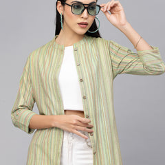 Largish Cotton Green Self Design Calf Length, A-Line Shrug