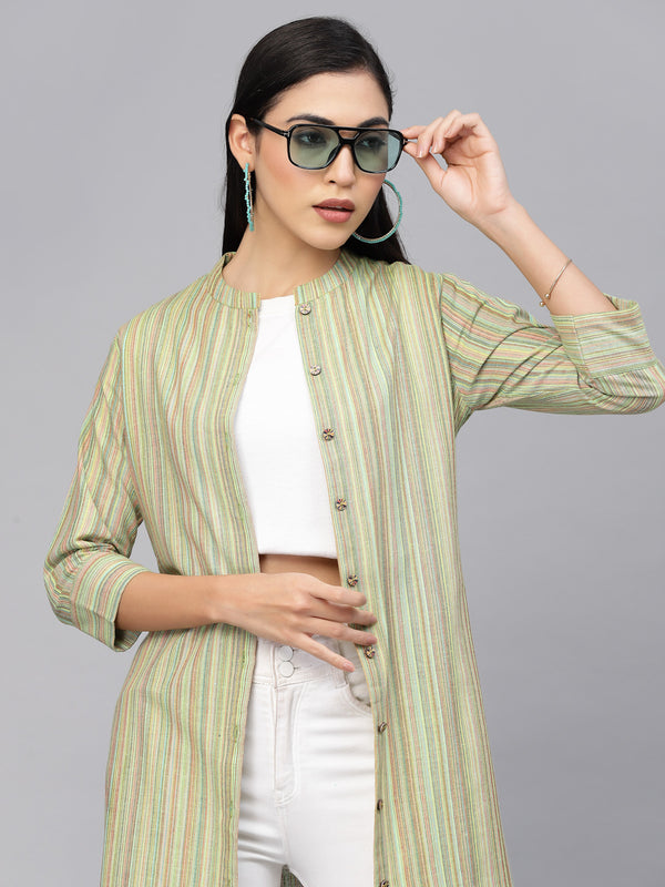 Largish Cotton Green Self Design Calf Length, A-Line Shrug