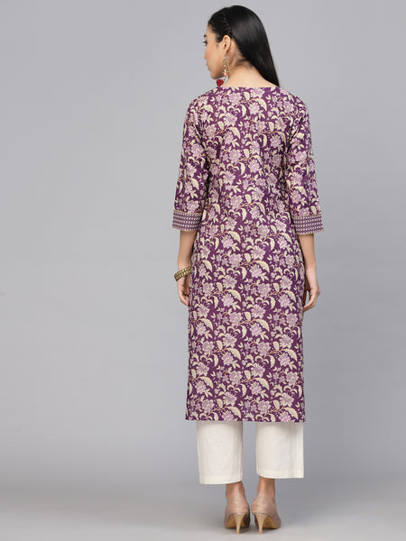 Largish Cotton Purple Foil Floral Print Kurta