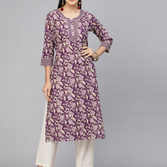 Largish Cotton Purple Foil Floral Print Kurta