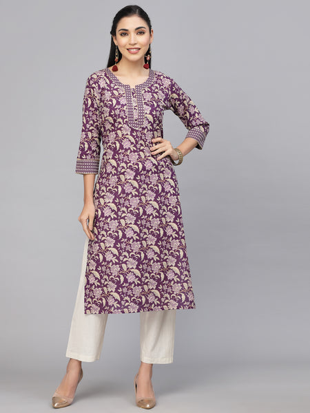 Largish Cotton Purple Foil Floral Print Kurta