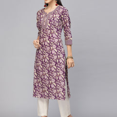 Largish Cotton Purple Foil Floral Print Kurta