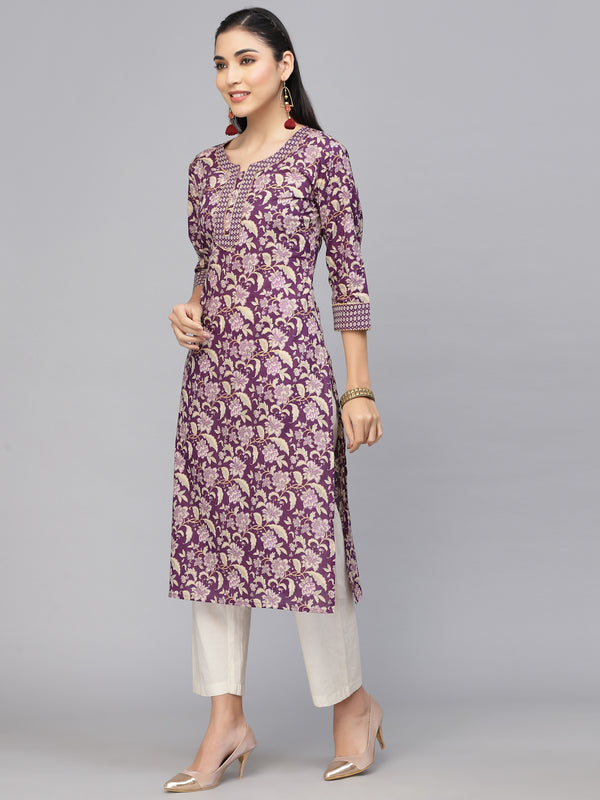 Largish Cotton Purple Foil Floral Print Kurta