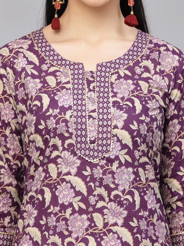 Largish Cotton Purple Foil Floral Print Kurta