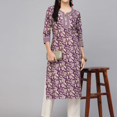 Largish Cotton Purple Foil Floral Print Kurta