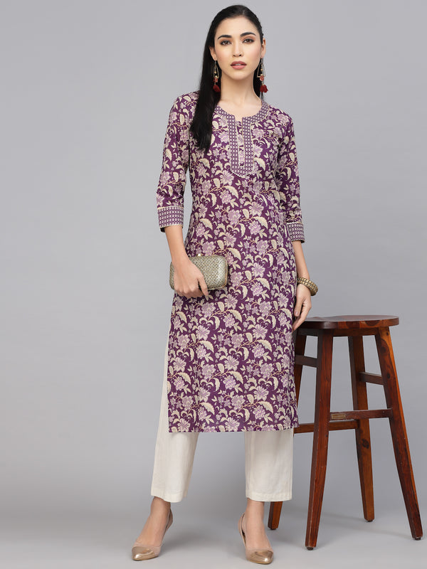Largish Cotton Purple Foil Floral Print Kurta