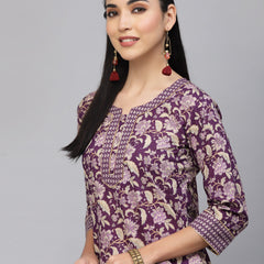 Largish Cotton Purple Foil Floral Print Kurta