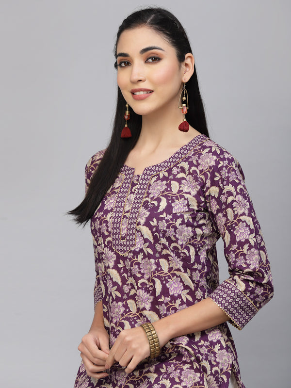 Largish Cotton Purple Foil Floral Print Kurta