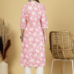 Largish Women's Pink Floral Print Cotton Kurta Pant Set