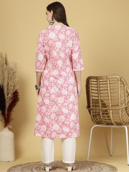 Largish Women's Pink Floral Print Cotton Kurta Pant Set