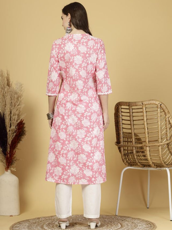 Largish Women's Pink Floral Print Cotton Kurta Pant Set