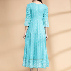 Largish Rayon Pigment print Sky blue Anarkali full maxi Dress