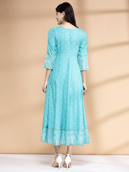 Largish Rayon Pigment print Sky blue Anarkali full maxi Dress