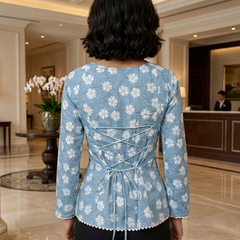 Gen Z inspired Powder Blue floral bell sleeve fitted Kurti with square neck and lace trim.