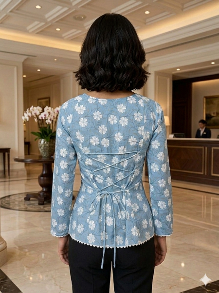 Gen Z inspired Powder Blue floral bell sleeve fitted Kurti with square neck and lace trim.