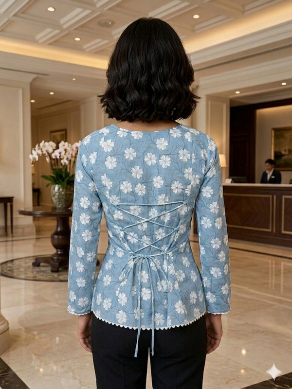 Gen Z inspired Powder Blue floral bell sleeve fitted Kurti with square neck and lace trim.