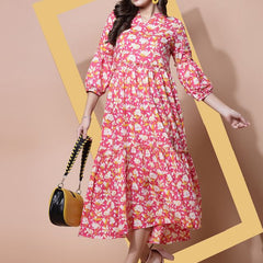 Largish Cotton Floral Print Tiered and Flared A-line Dress