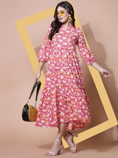 Largish Cotton Floral Print Tiered and Flared A-line Dress