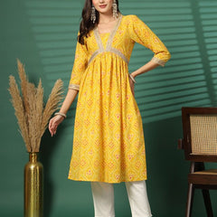 Largish Women's Yellow Floral Print Cotton Naira Cut Kurta