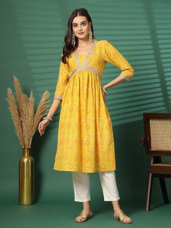 Largish Women's Yellow Floral Print Cotton Naira Cut Kurta