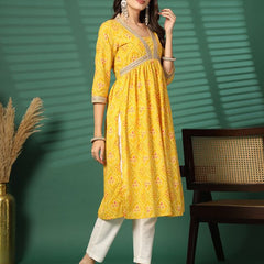Largish Women's Yellow Floral Print Cotton Naira Cut Kurta