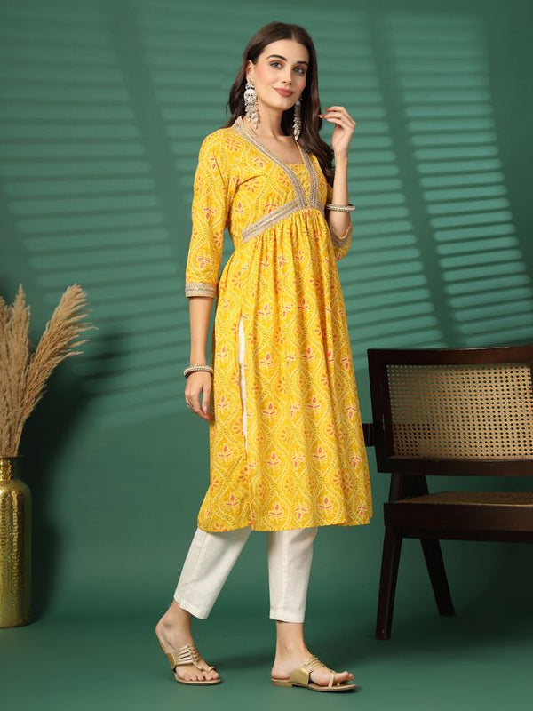 Largish Women's Yellow Floral Print Cotton Naira Cut Kurta