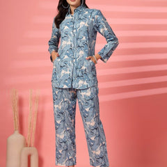 Largish Women's Blue Leaf Print Cotton Flex Co-Ord Set