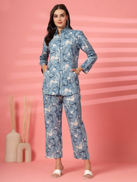 Largish Women's Blue Print Cotton Flex Co-Ord Set