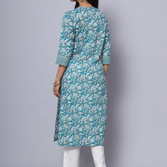 Largish Cotton Turquoise Foil Floral Print Kurta
